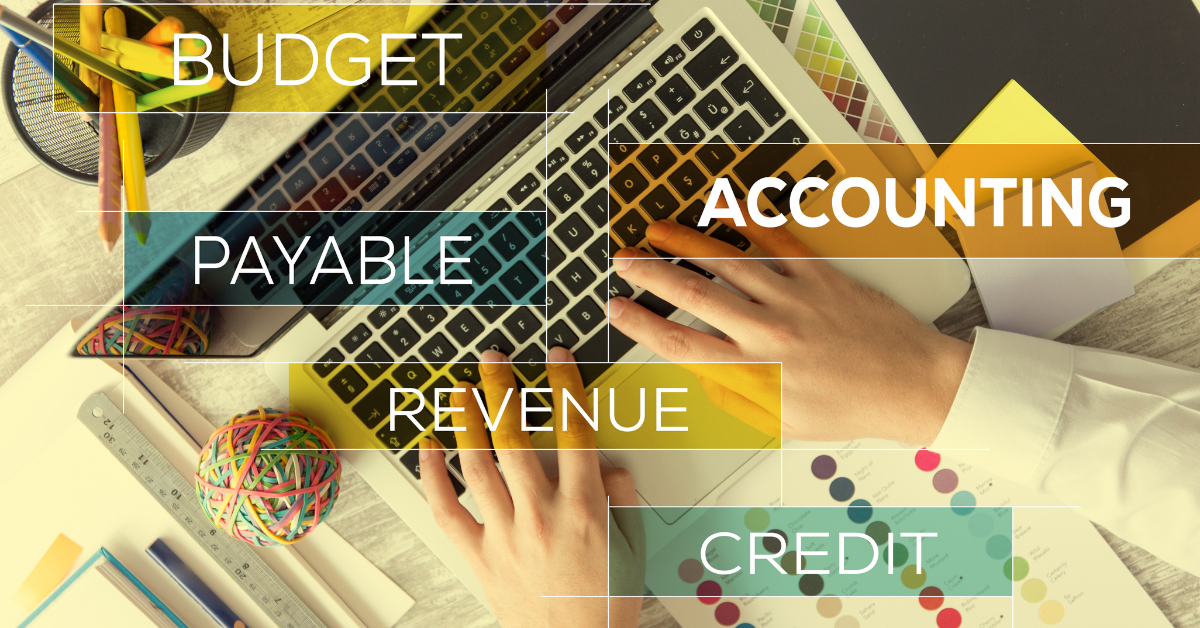 Accounting and taxation work at a desk, with budget, payable, revenue, accounting and credit labels