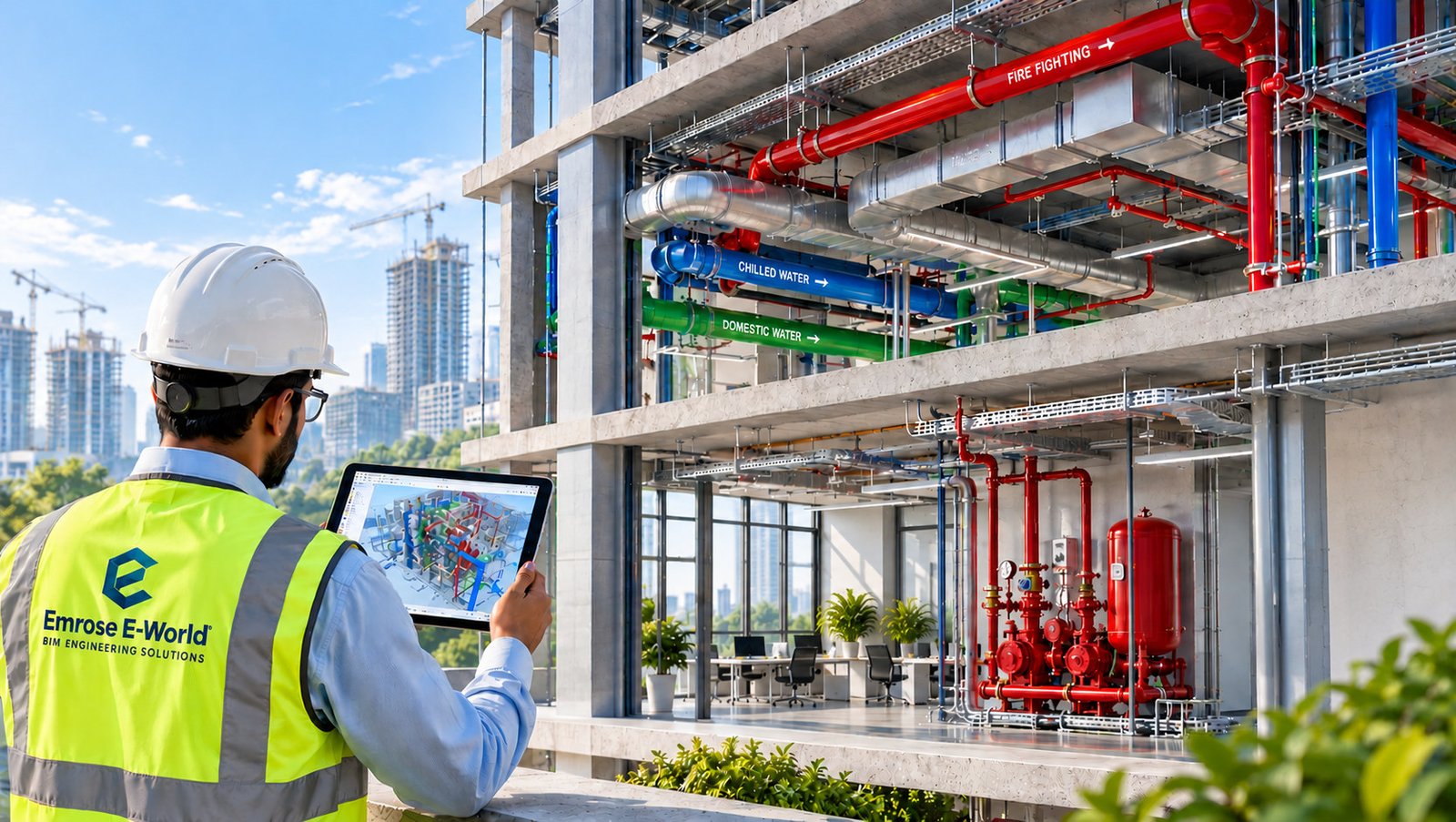 Emrose E-World engineer on site reviewing a colour-coded BIM model of fire fighting, chilled water and domestic water services on a tablet