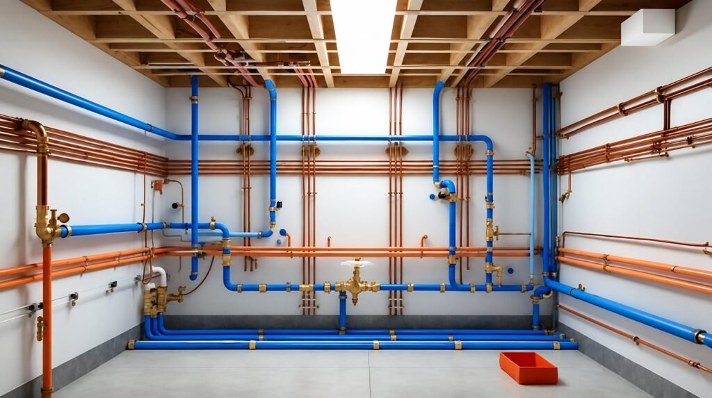 Colour-coded hot, cold and drainage pipework in a plumbing and sanitary services plant room