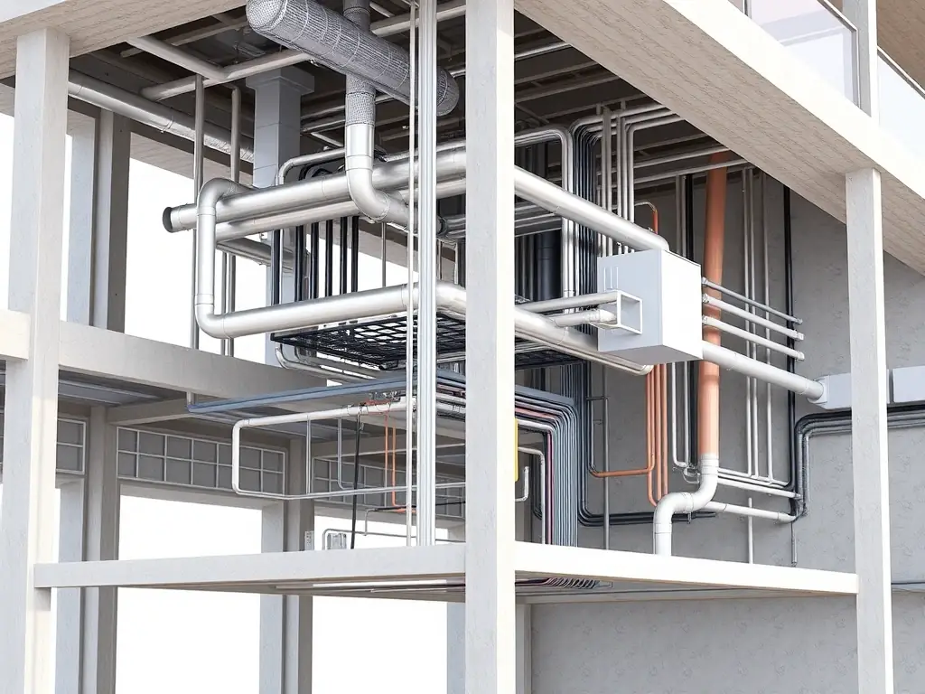 BIM and CAD drafted 3D model of a building with MEP services